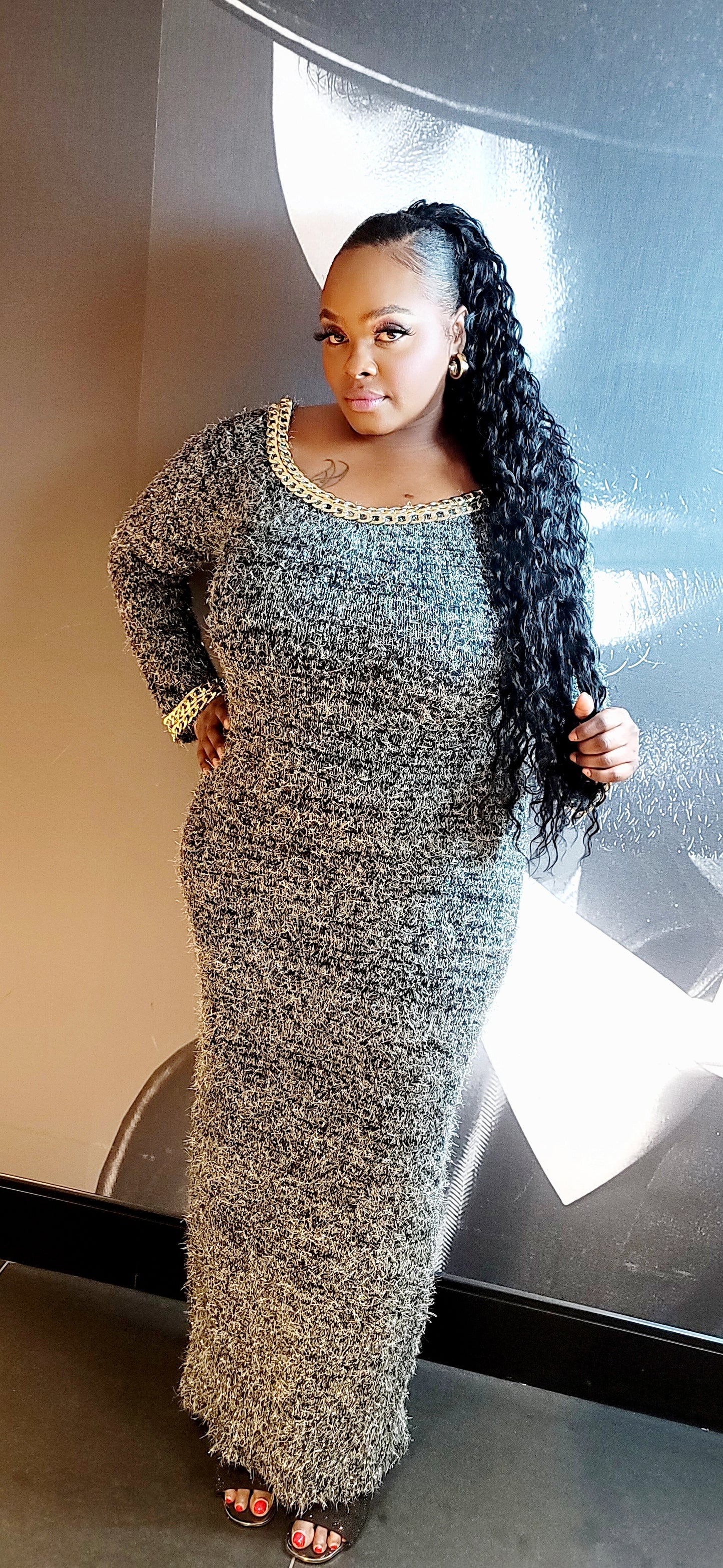 It's A Grey Day Gold Chain Sweater Dress