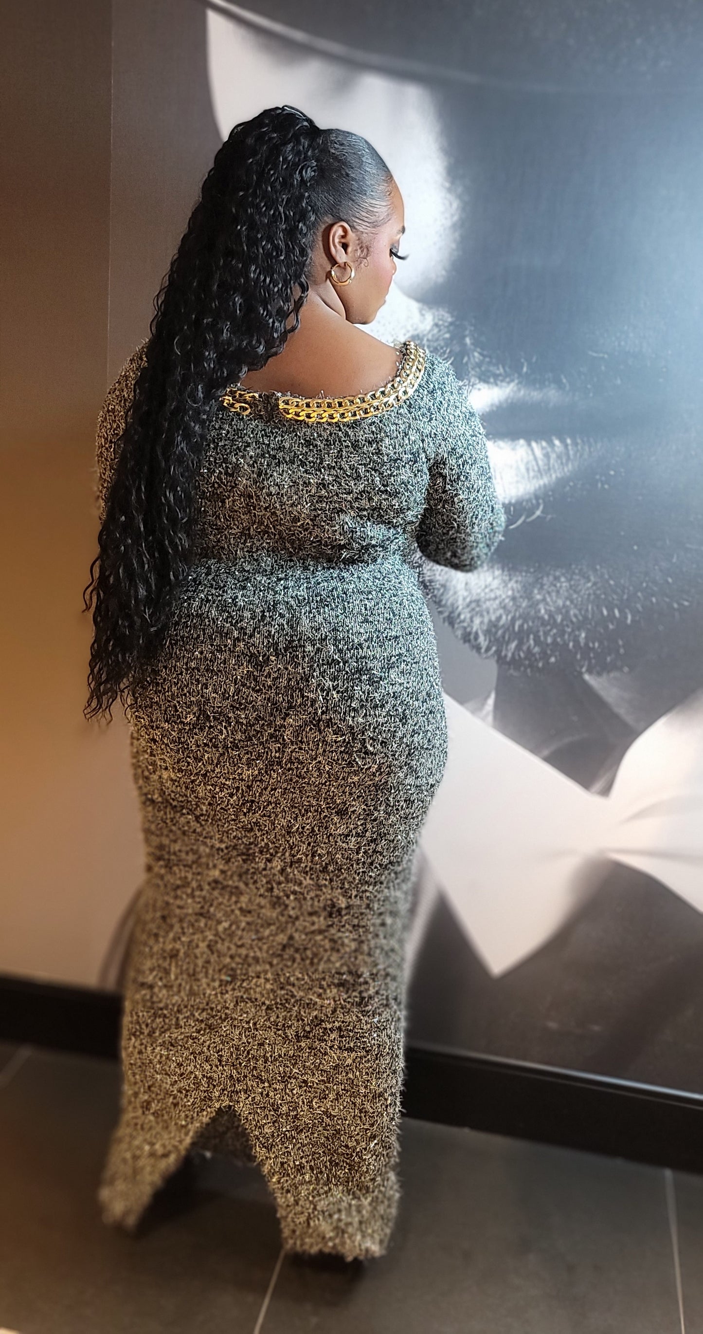 It's A Grey Day Gold Chain Sweater Dress