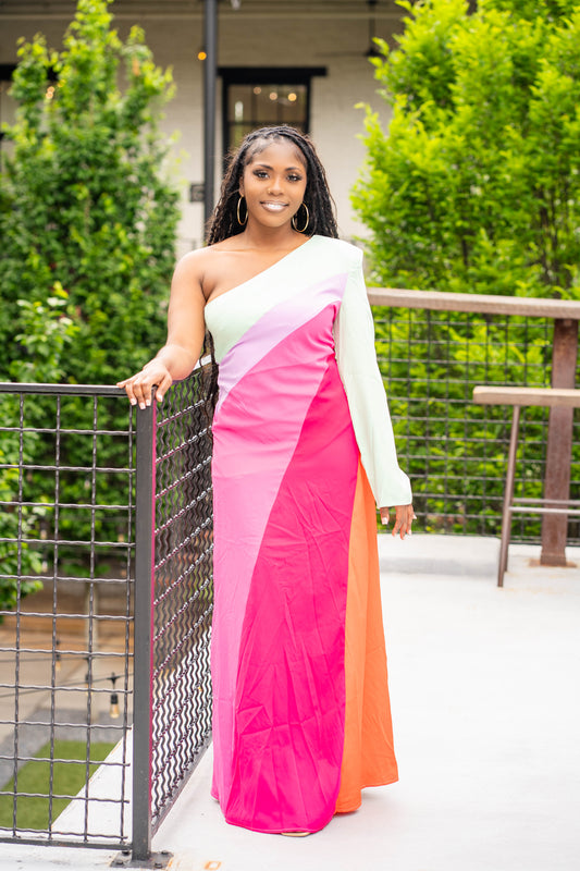 Over the Rainbow One Shoulder Maxi Dress