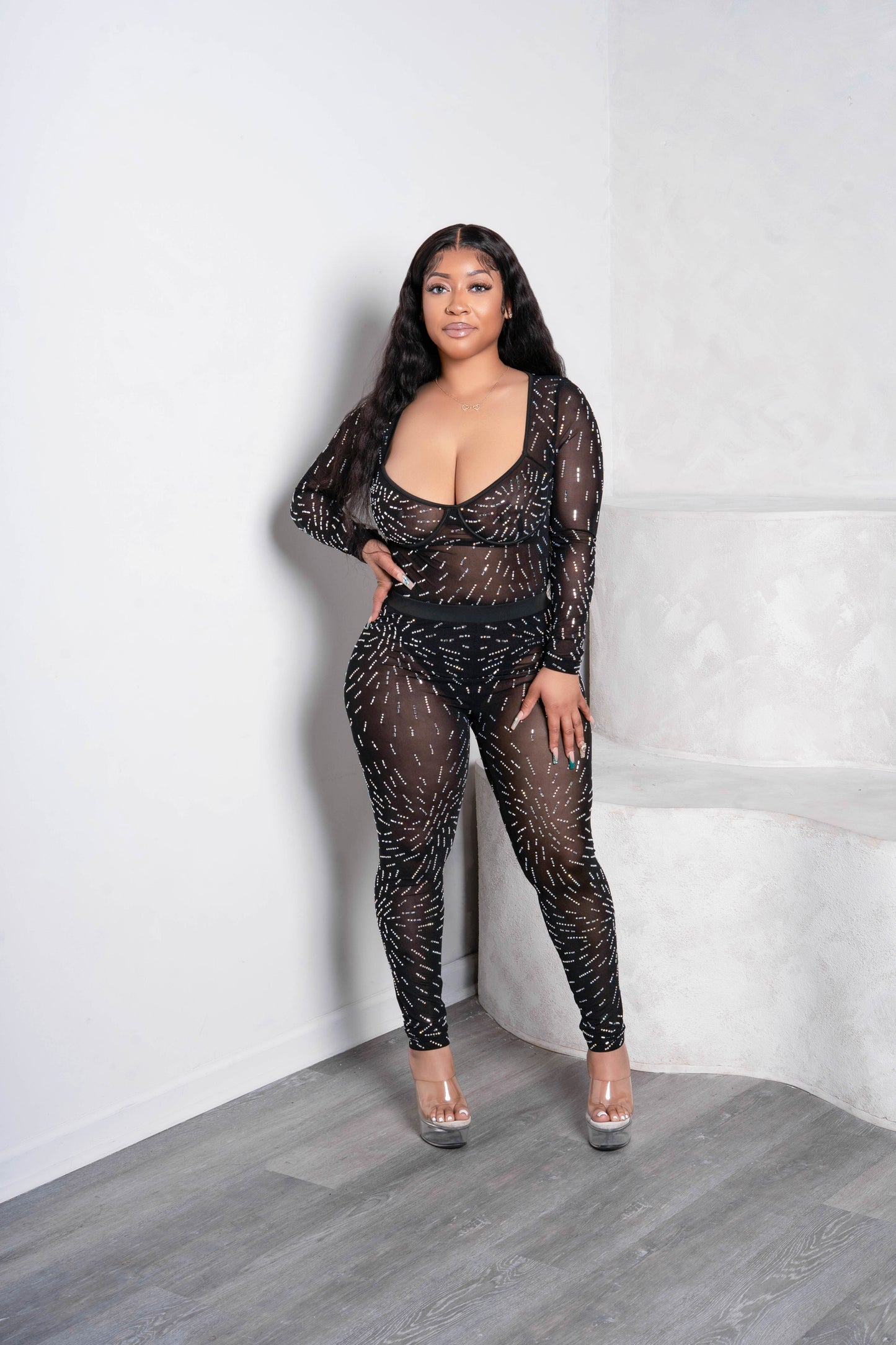 Sheer & Sexy Vibes Bodysuit & Pants Mesh Studs 2PC Set