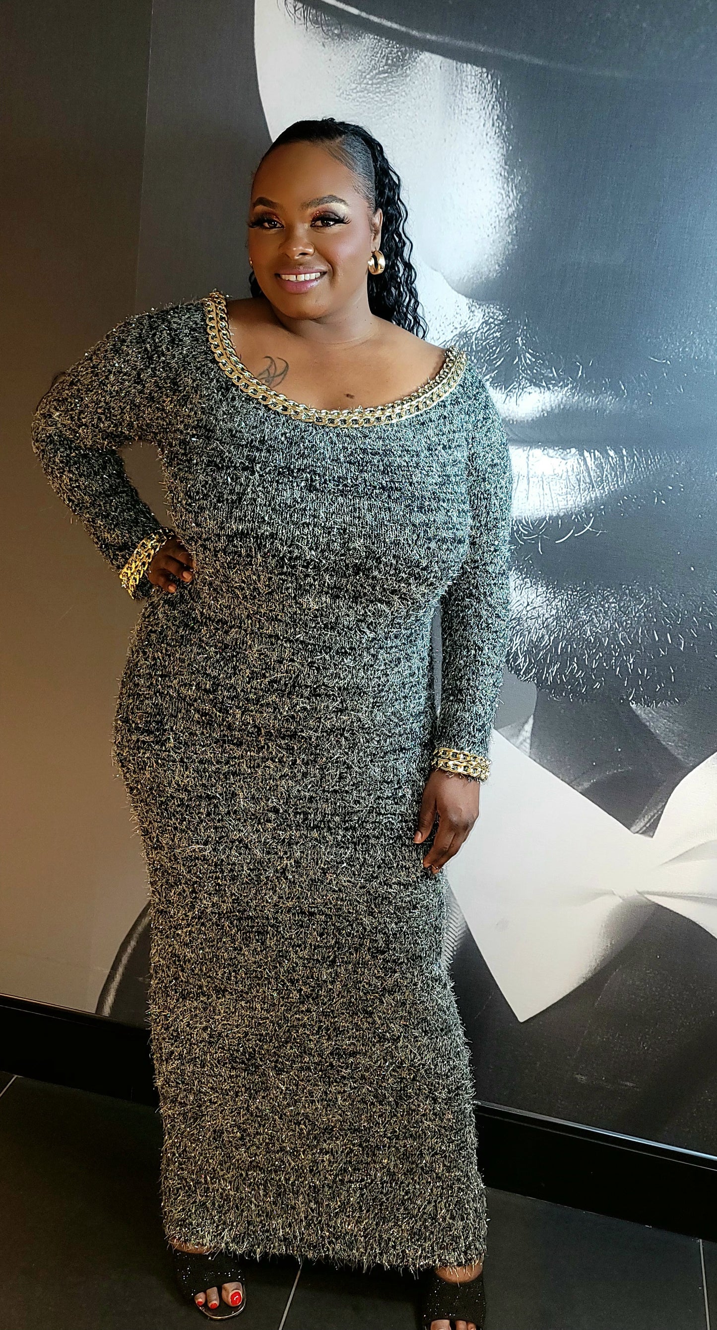 It's A Grey Day Gold Chain Sweater Dress