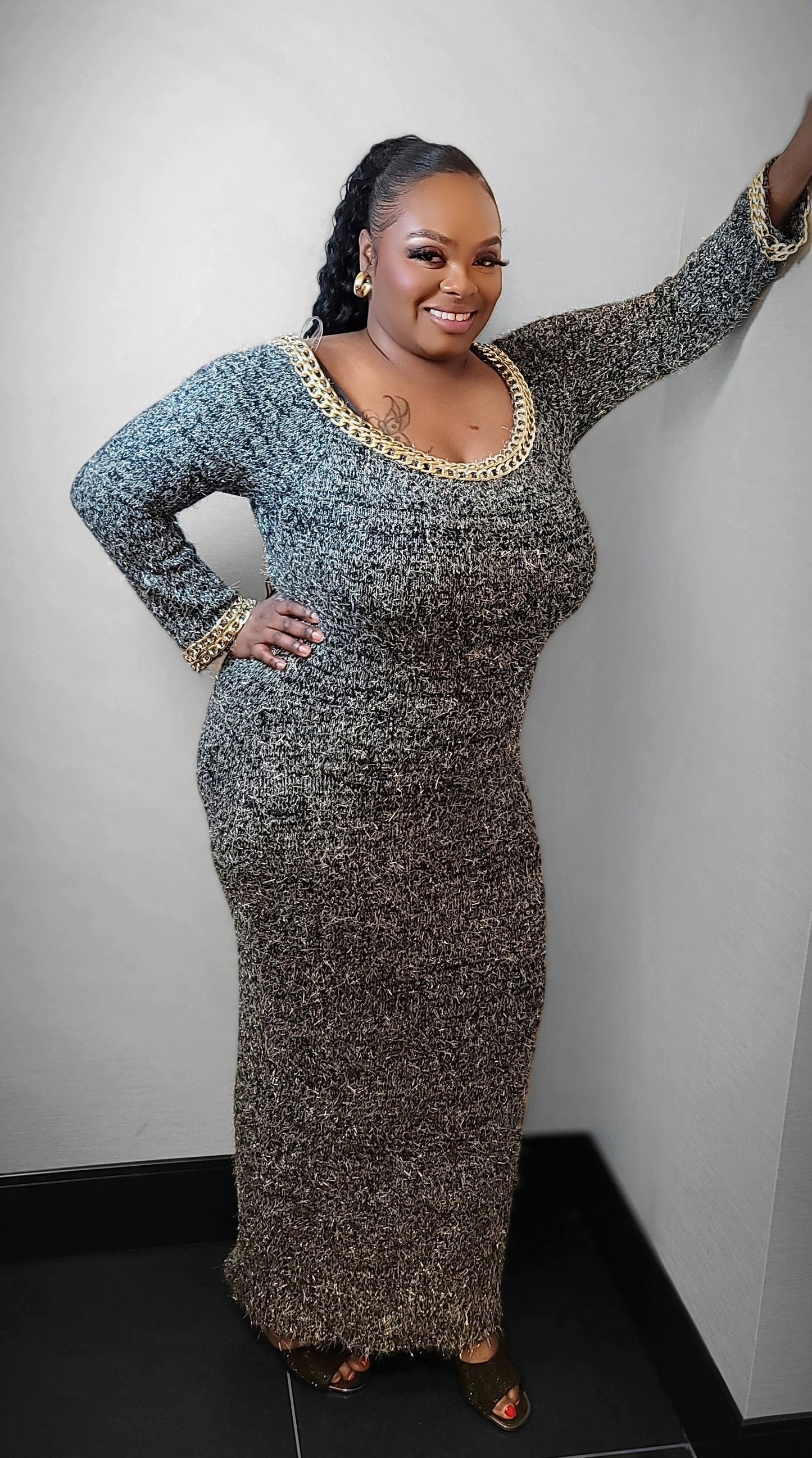 It's A Grey Day Gold Chain Sweater Dress