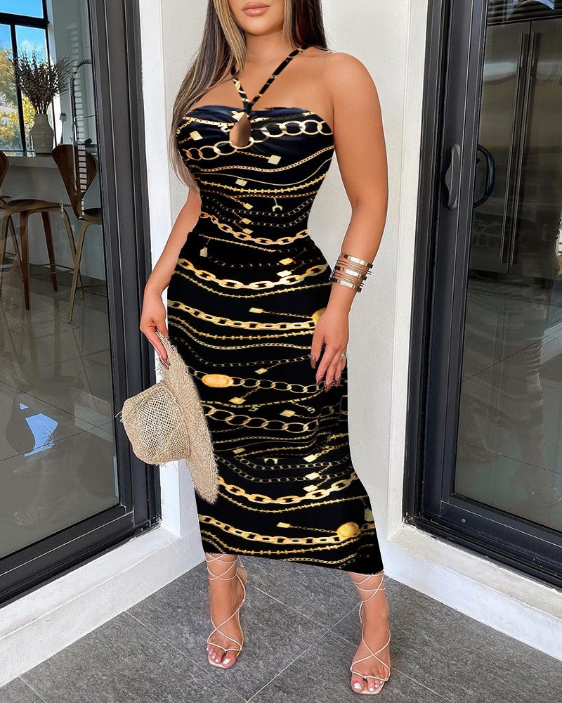 Cross Cami gold Stripe Print Dress