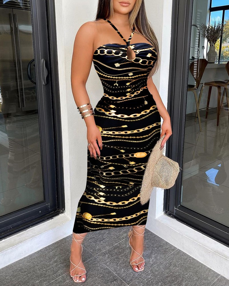 Cross Cami gold Stripe Print Dress