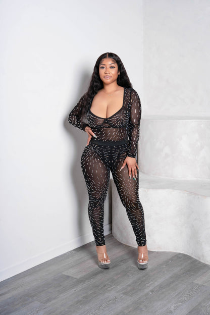 Sheer & Sexy Vibes Bodysuit & Pants Mesh Studs 2PC Set