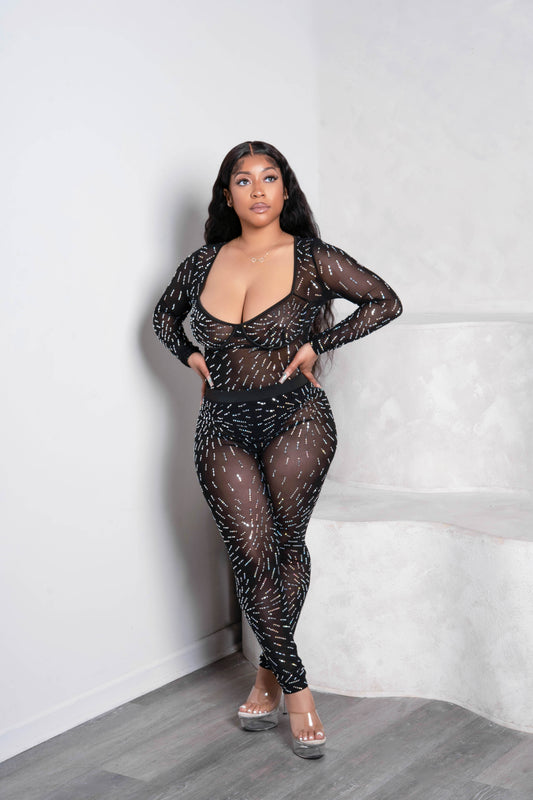 Sheer & Sexy Vibes Bodysuit & Pants Mesh Studs 2PC Set