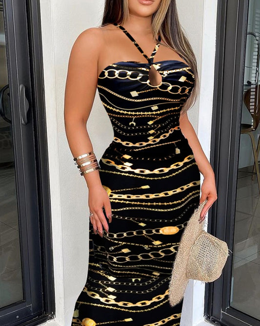 Cross Cami gold Stripe Print Dress